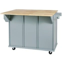 Blue Kitchen Cart With Rubber Wood Drop-Leaf Countertop, 3 Drawers, Cabinet Storage And 5 Wheels -Tahanbath blue tahanbath kitchen carts z wf298028aan 76 1000
