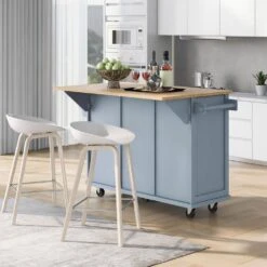 Blue Kitchen Cart With Rubber Wood Drop-Leaf Countertop, 3 Drawers, Cabinet Storage And 5 Wheels -Tahanbath blue tahanbath kitchen carts z wf298028aan a0 1000