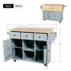 Blue Kitchen Cart With Rubber Wood Drop-Leaf Countertop, 3 Drawers, Cabinet Storage And 5 Wheels -Tahanbath blue tahanbath kitchen carts z wf298028aan c3 1000