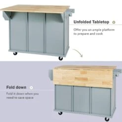 Blue Kitchen Cart With Rubber Wood Drop-Leaf Countertop, 3 Drawers, Cabinet Storage And 5 Wheels -Tahanbath blue tahanbath kitchen carts z wf298028aan d4 1000