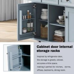 Blue Kitchen Cart With Rubber Wood Drop-Leaf Countertop, 3 Drawers, Cabinet Storage And 5 Wheels -Tahanbath blue tahanbath kitchen carts z wf298028aan fa 1000