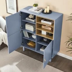 Multifunctional Wooden Storage Cabinet With Doors And Leather-Handle Drawers For Home And Office In Blue -Tahanbath blue tahanbath pantry organizers z w1781p148612 44 1000