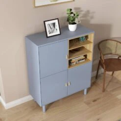 Multifunctional Wooden Storage Cabinet With Doors And Leather-Handle Drawers For Home And Office In Blue -Tahanbath blue tahanbath pantry organizers z w1781p148612 76 1000