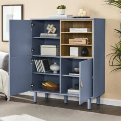Multifunctional Wooden Storage Cabinet With Doors And Leather-Handle Drawers For Home And Office In Blue -Tahanbath blue tahanbath pantry organizers z w1781p148612 fa 1000