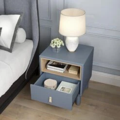 Modern Nordic Style Wooden Bedside Table With Single Drawer: Compact And Stylish Side Table For The Bedroom In Black -Tahanbath blue tahanbath pantry organizers z w1781p148618 44 1000