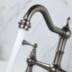 8 In. Double Handle Bridge Kitchen Faucet With Brass Side Sprayer 2-Handles 4-Holes Deck-Mount In Bronze -Tahanbath bronze tahanbath bridge kitchen faucets y w928 51685 44 1000