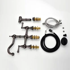 8 In. Double Handle Bridge Kitchen Faucet With Brass Side Sprayer 2-Handles 4-Holes Deck-Mount In Bronze -Tahanbath bronze tahanbath bridge kitchen faucets y w928 51685 4f 1000