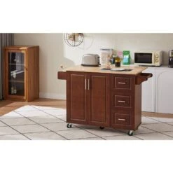 54 In. Portable Wooden Kitchen Cart-3 Drawers, Drop-Leaf Table, Spice/Towel Racks-Small Spaces In Brown -Tahanbath brown tahanbath kitchen carts z w1820138608 44 1000