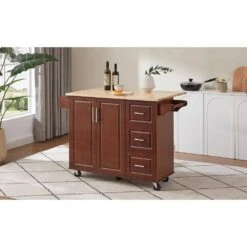 54 In. Portable Wooden Kitchen Cart-3 Drawers, Drop-Leaf Table, Spice/Towel Racks-Small Spaces In Brown -Tahanbath brown tahanbath kitchen carts z w1820138608 4f 1000