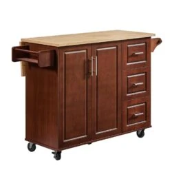 54 In. Portable Wooden Kitchen Cart-3 Drawers, Drop-Leaf Table, Spice/Towel Racks-Small Spaces In Brown -Tahanbath brown tahanbath kitchen carts z w1820138608 66 1000
