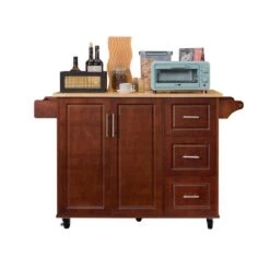 54 In. Portable Wooden Kitchen Cart-3 Drawers, Drop-Leaf Table, Spice/Towel Racks-Small Spaces In Brown -Tahanbath brown tahanbath kitchen carts z w1820138608 77 1000