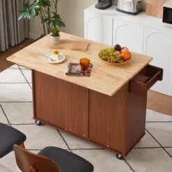 54 In. Portable Wooden Kitchen Cart-3 Drawers, Drop-Leaf Table, Spice/Towel Racks-Small Spaces In Brown -Tahanbath brown tahanbath kitchen carts z w1820138608 d4 1000
