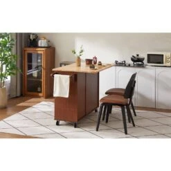 54 In. Portable Wooden Kitchen Cart-3 Drawers, Drop-Leaf Table, Spice/Towel Racks-Small Spaces In Brown -Tahanbath brown tahanbath kitchen carts z w1820138608 fa 1000