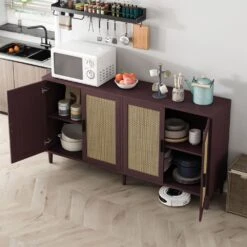 70in. 4-Door Rattan Buffet Cabinet: Adjustable Shelves In Brown -Tahanbath brown tahanbath pantry organizers z w688134376 44 1000