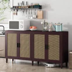 70in. 4-Door Rattan Buffet Cabinet: Adjustable Shelves In Brown -Tahanbath brown tahanbath pantry organizers z w688134376 4f 1000