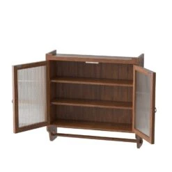 24.8 In. Vintage Brown Triple-Tier Glass Door Wall Cabinet With Towel Rack For Multiple Rooms -Tahanbath brown tahanbath pantry organizers z w757p170144 1f 1000