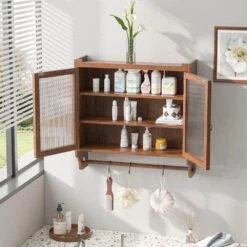 24.8 In. Vintage Brown Triple-Tier Glass Door Wall Cabinet With Towel Rack For Multiple Rooms -Tahanbath brown tahanbath pantry organizers z w757p170144 31 1000
