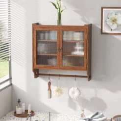 24.8 In. Vintage Brown Triple-Tier Glass Door Wall Cabinet With Towel Rack For Multiple Rooms -Tahanbath brown tahanbath pantry organizers z w757p170144 76 1000