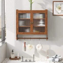 24.8 In. Vintage Brown Triple-Tier Glass Door Wall Cabinet With Towel Rack For Multiple Rooms -Tahanbath brown tahanbath pantry organizers z w757p170144 fa 1000