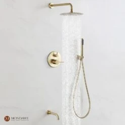 1-Spray 8 In. Ceiling Mount 1.8 GPM Dual Shower Head And Handheld Shower Head In Brush Gold -Tahanbath brush gold tahanbath dual shower heads z s133a3c 10bg 44 1000