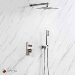 1-Spray 10 In. Ceiling Mount 1.8 GPM Dual Shower Head And Handheld Shower Head In Brushed N -Tahanbath brush nickel tahanbath dual shower heads z s0082c 10bn 1f 1000