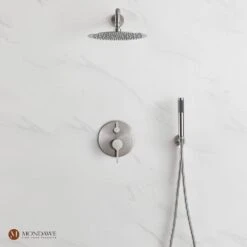 1-Spray 10 In. Ceiling Mount 1.8 GPM Dual Shower Head And Handheld Shower Head In Brushed Nickel -Tahanbath brush nickel tahanbath dual shower heads z s133a2c 10bn 1f 1000