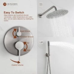 1-Spray 10 In. Ceiling Mount 1.8 GPM Dual Shower Head And Handheld Shower Head In Brushed Nickel -Tahanbath brush nickel tahanbath dual shower heads z s133a2c 10bn fa 1000
