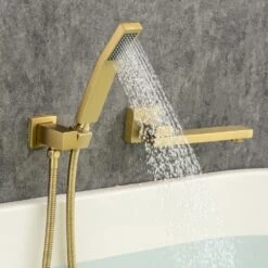 Single Handle 2-Spray 1.8 GPM Waterfall Bathtub Swivel Tub And Shower Faucet With Hand Shower In Brushed Gold -Tahanbath brushed gold bathtub shower faucet combos w1194 d93107lsj kxc 4f 1000