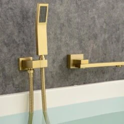 Single Handle 2-Spray 1.8 GPM Waterfall Bathtub Swivel Tub And Shower Faucet With Hand Shower In Brushed Gold -Tahanbath brushed gold bathtub shower faucet combos w1194 d93107lsj kxc 66 1000