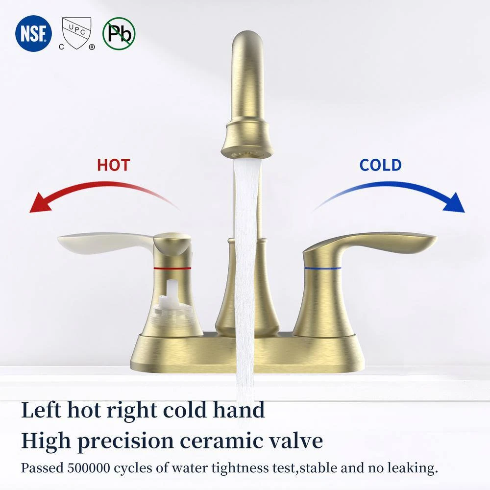 4 In. 2-Handle Vanity Sink Faucet With Drain Kit Included In Brushed Gold 3 4 In. 2-Handle Vanity Sink Faucet With Drain Kit Included In Brushed Gold - Image 3