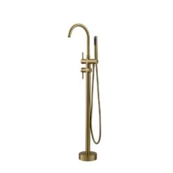Single-Handle Freestanding Waterfall Tub Filler Bathroom Tub Faucet With Handheld Shower In Brushed Gold