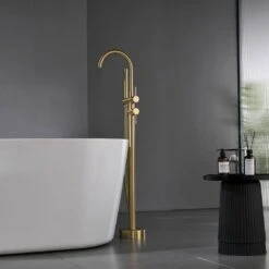 Single-Handle Freestanding Waterfall Tub Filler Bathroom Tub Faucet With Handheld Shower In Brushed Gold -Tahanbath brushed gold claw foot tub faucets q xy hs117 77ng 04 c3 1000