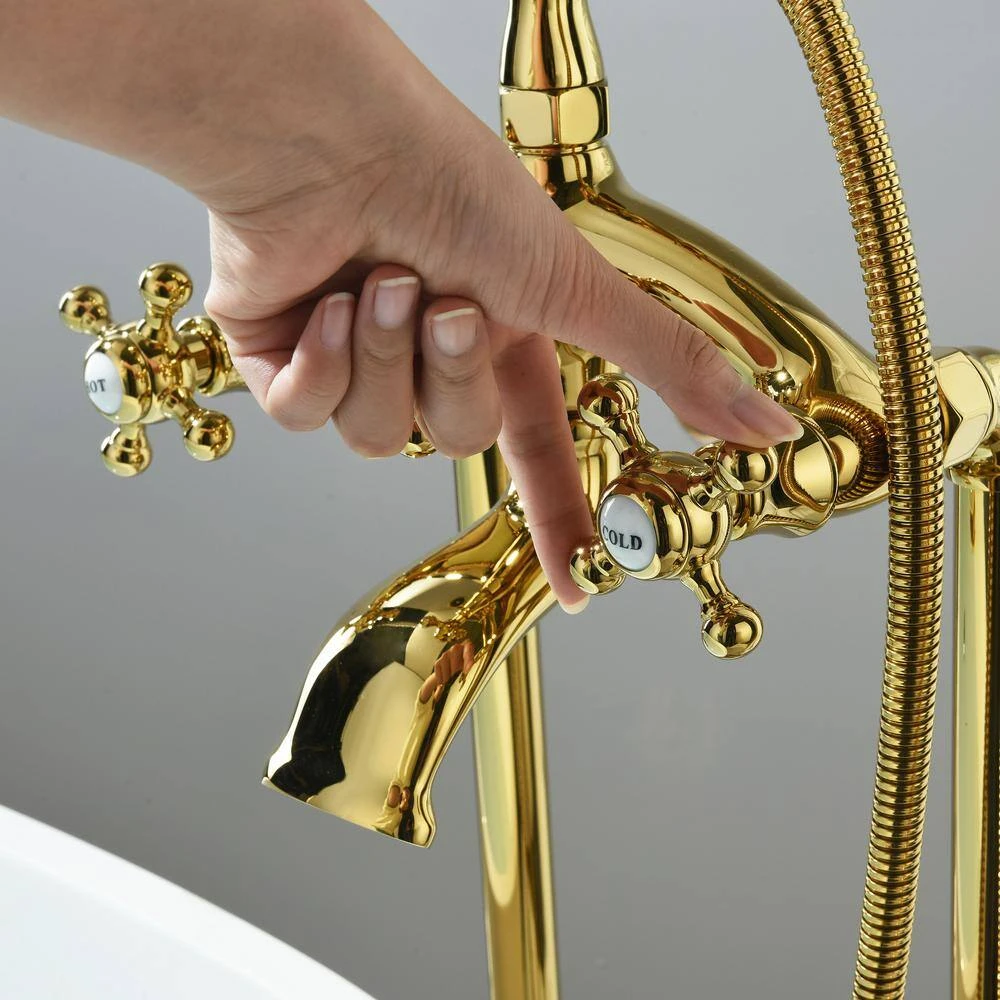 3-Handle Freestanding Swivel Spout Foot Tub Faucet With Hand Shower In Brushed Gold 5 3-Handle Freestanding Swivel Spout Foot Tub Faucet With Hand Shower In Brushed Gold - Image 5