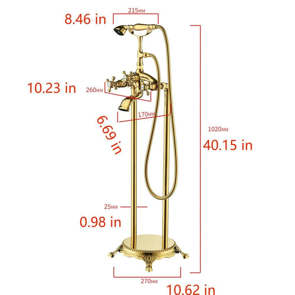 3-Handle Freestanding Swivel Spout Foot Tub Faucet With Hand Shower In Brushed Gold 9 3-Handle Freestanding Swivel Spout Foot Tub Faucet With Hand Shower In Brushed Gold - Image 9