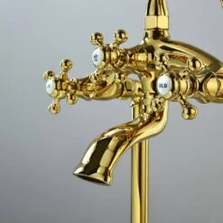 3-Handle Freestanding Swivel Spout Foot Tub Faucet With Hand Shower In Brushed Gold 12 3-Handle Freestanding Swivel Spout Foot Tub Faucet With Hand Shower In Brushed Gold -Tahanbath brushed gold claw foot tub faucets q ybs 7001y bg 4f 1000