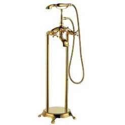 3-Handle Freestanding Swivel Spout Foot Tub Faucet With Hand Shower In Brushed Gold