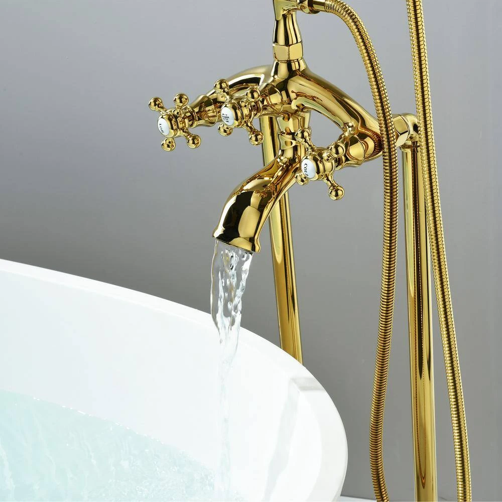 3-Handle Freestanding Swivel Spout Foot Tub Faucet With Hand Shower In Brushed Gold 3 3-Handle Freestanding Swivel Spout Foot Tub Faucet With Hand Shower In Brushed Gold - Image 3