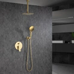 3-Spray Patterns With 2.5 GPM 12 In. Ceiling Mounted Dual Shower Heads Shower System Mix Set In Brushed Gold -Tahanbath brushed gold dual shower heads pzz 96205 lsj kxc 31 1000