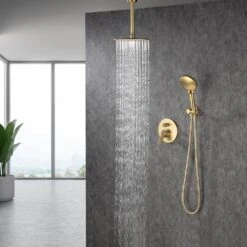 3-Spray Patterns With 2.5 GPM 12 In. Ceiling Mounted Dual Shower Heads Shower System Mix Set In Brushed Gold -Tahanbath brushed gold dual shower heads pzz 96205 lsj kxc 76 1000