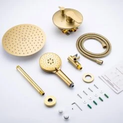 3-Spray Patterns With 2.5 GPM 12 In. Ceiling Mounted Dual Shower Heads Shower System Mix Set In Brushed Gold -Tahanbath brushed gold dual shower heads pzz 96205 lsj kxc fa 1000
