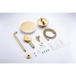 3-Spray Patterns With 2.5 GPM 10 In. Wall Mount Shower System Set Dual Shower Heads With Handheld Spray In Brushed Gold -Tahanbath brushed gold dual shower heads w1194 d96202lsj zq 44 1000