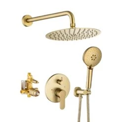 3-Spray Patterns With 2.5 GPM 10 In. Wall Mount Shower System Set Dual Shower Heads With Handheld Spray In Brushed Gold