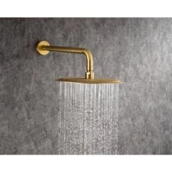 3-Spray Patterns With 2.5 GPM 10 In. Wall Mount Shower System Set Dual Shower Heads With Handheld Spray In Brushed Gold -Tahanbath brushed gold dual shower heads w1194 d96202lsj zq fa 1000
