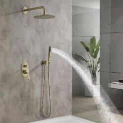 2-Spray Wall Mounted Fixed And Handheld Shower Head Waterfall Rain Shower System In Brushed Gold 12 2-Spray Wall Mounted Fixed And Handheld Shower Head Waterfall Rain Shower System In Brushed Gold -Tahanbath brushed gold dual shower heads x nk0735 44 1000