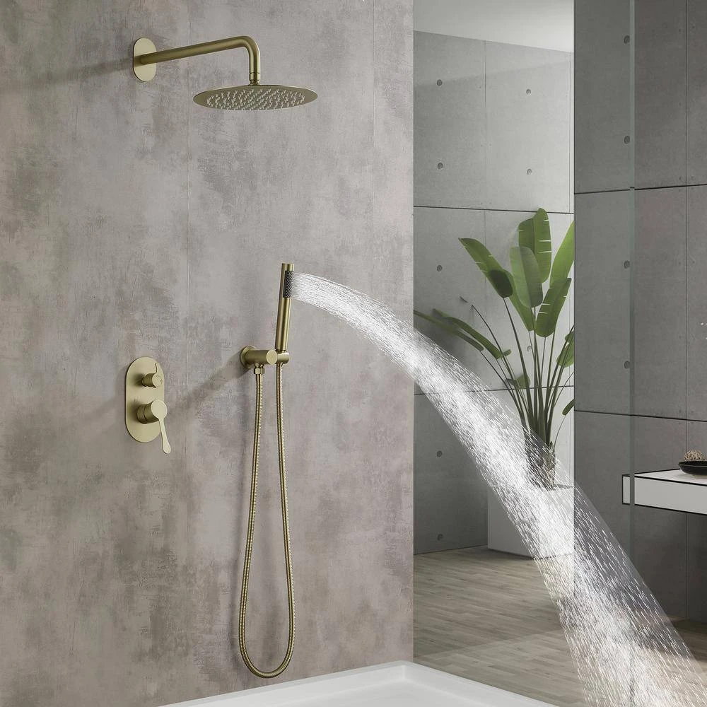 2-Spray Wall Mounted Fixed And Handheld Shower Head Waterfall Rain Shower System In Brushed Gold 5 2-Spray Wall Mounted Fixed And Handheld Shower Head Waterfall Rain Shower System In Brushed Gold - Image 5