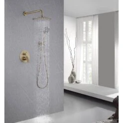 1-Spray Dual Wall Mounted Fixed And Handheld Shower Head 2.5 GPM Rain Shower Faucet In Brushed Gold -Tahanbath brushed gold dual shower heads x xy hs274 55ng 31 1000