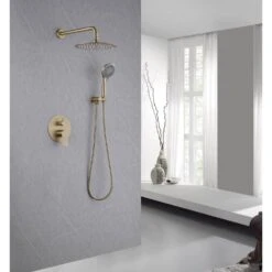 1-Spray Dual Wall Mounted Fixed And Handheld Shower Head 2.5 GPM Rain Shower Faucet In Brushed Gold