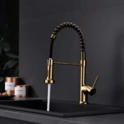 Decor Single Handle Single Hole Brass Pull Down Sprayer Kitchen Faucet In Brushed Gold -Tahanbath brushed gold pull down kitchen faucets x xy 1135 33gb 1p 70us 1f 1000