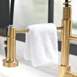Single Handle Pull-Down Sprayer Kitchen Faucet 3 Way Without Deck Plate In Brushed Gold -Tahanbath brushed gold pull down kitchen faucets x xy 1223 33ng 2p us 1f 1000