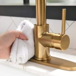 Single Handle Pull-Down Sprayer Kitchen Faucet 3 Way Without Deck Plate In Brushed Gold -Tahanbath brushed gold pull down kitchen faucets x xy 1223 33ng 2p us fa 1000